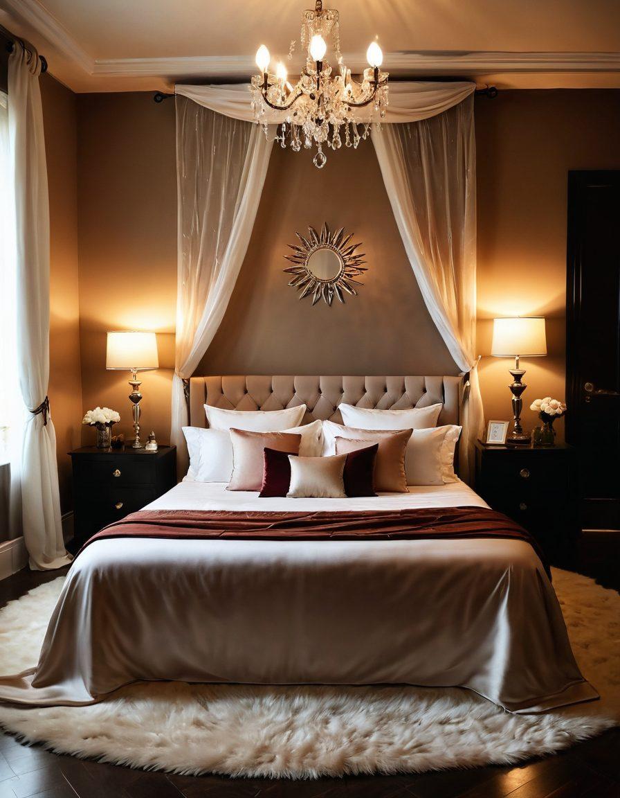 A sensual and tastefully decorated bedroom with soft lighting, silk sheets, and a hint of bondage elements like cuffs and feathers. Include a couple subtly interacting, embodying trust and connection, surrounded by warm tones and luxurious textures. Elements of nature, like candles and flowers, add a touch of intimacy. The atmosphere should be inviting and passionate, evoking the essence of arousal. super-realistic. warm colors. intimate atmosphere.