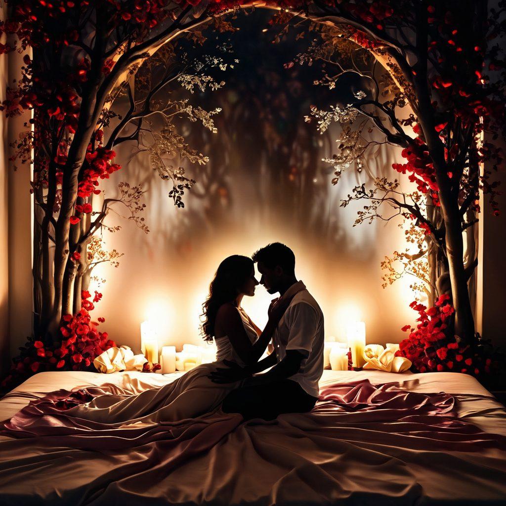 A couple entwined in a passionate embrace, surrounded by soft candlelight, with silk sheets and rose petals scattered around them. Their expressions convey a deep sense of trust and intimacy, while shadows play upon the walls, creating an atmosphere of erotic mystery. The background features subtle silhouettes of trees, enhancing the sense of a secluded romantic escape. The color palette should be rich with deep reds and soft golds to evoke warmth and allure. super-realistic. vibrant colors. warm ambiance.
