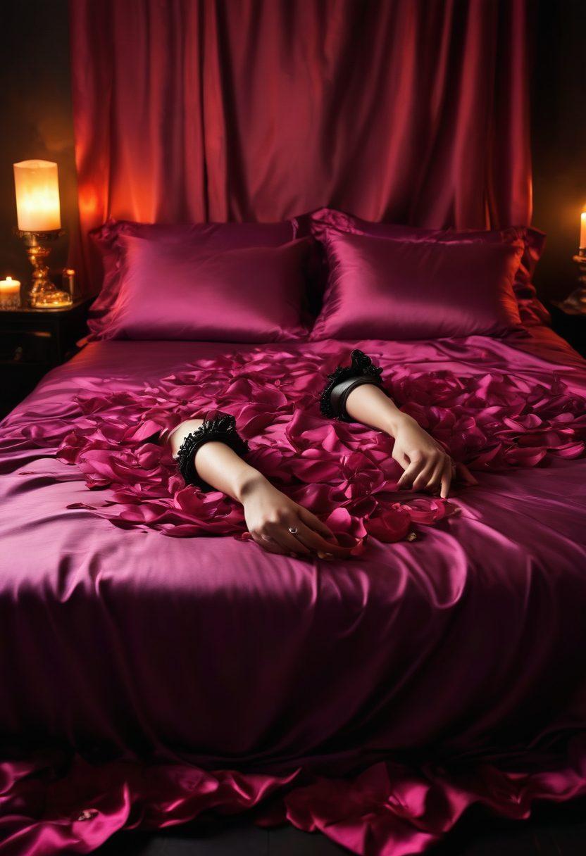 A dark, alluring room filled with soft, flickering candlelight casting shadows on silk sheets. A pair of elegant handcuffs lay on a plush bed, surrounded by delicate feathers and rose petals, symbolizing sensuality and submission. In the background, a silhouette of a figure in a graceful pose evokes a sense of intrigue and desire. The color palette is rich with deep reds and purples to convey passion. surrealist art. dramatic lighting.